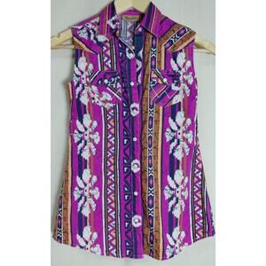Wrangler Purple Pink Floral Striped Sleeveless Button Front Western Top